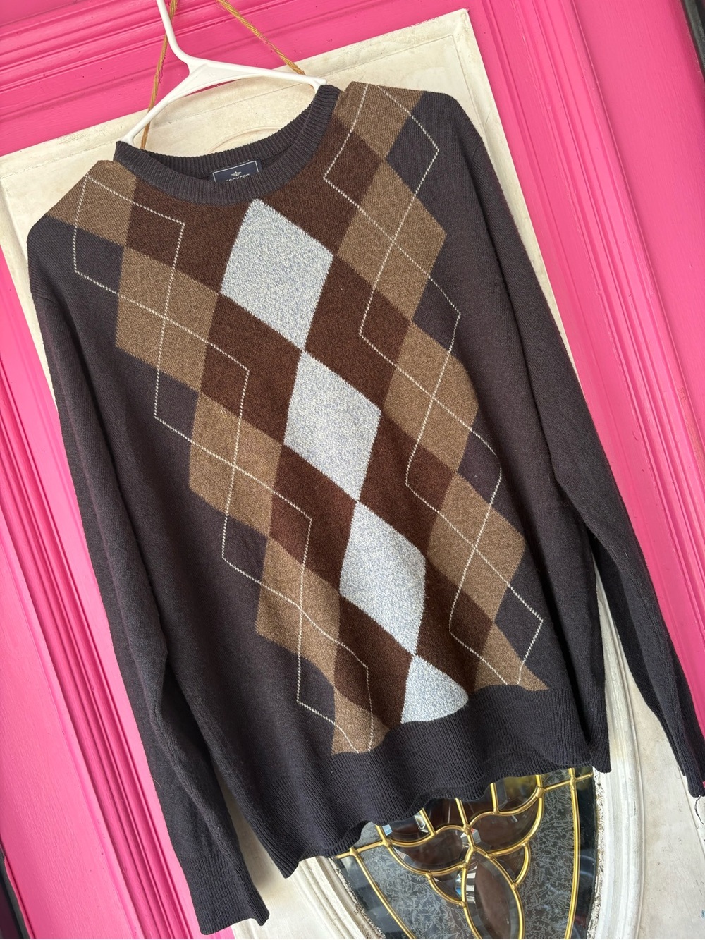 Dockers Men's Argyle Crewneck Sweater in Brown, Dark Brown & Gray